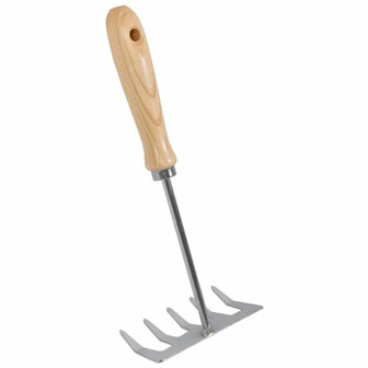 Hand Rake - 5 Tines - Galvanized Steel - Ash Wood Handle
