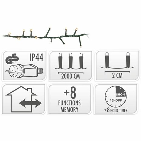 Microcluster - 1000 led - 20m - extra warm wit - Timer - Lichtfuncties - Geheugen - Buiten